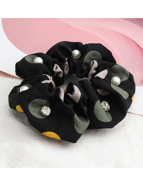 H571 Black Polka Dot with Pearls & Rhinestones Hair Scrunchie - Iris Fashion Jewelry