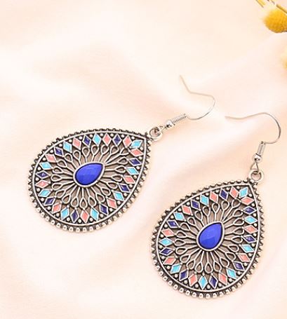 E1179 Silver Teardrop Blue Gemstone Baked Enamel Earrings - Iris Fashion Jewelry