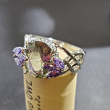 R317 Silver Iridescent Gemstone with Purple Raised Accent Ring - Iris Fashion Jewelry