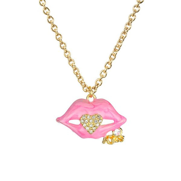 N756 Gold Baked Enamel Light Pink Lips Rhinestone Heart Necklace with FREE Earrings - Iris Fashion Jewelry