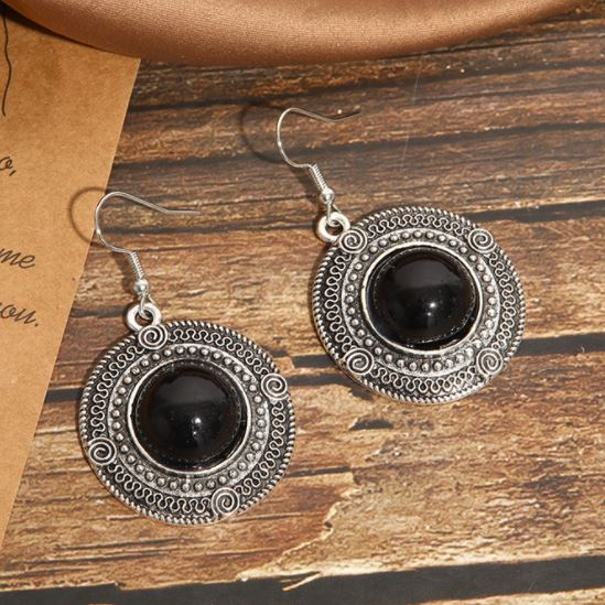 E1243 Silver Decorated Black Gem Earrings - Iris Fashion Jewelry