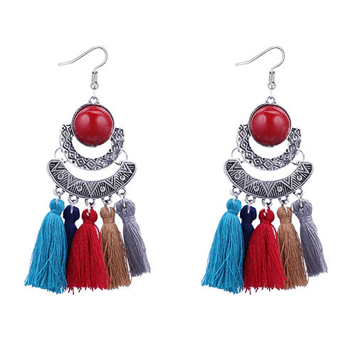 E640 Silver Red Gemstone Multi Color Tassel Earrings - Iris Fashion Jewelry