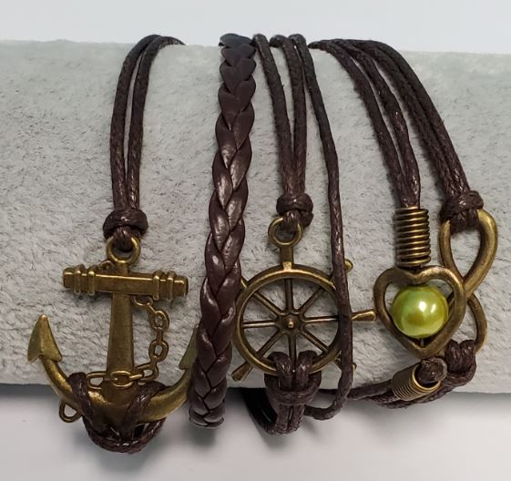 B17 Brown Anchor Ship Wheel Heart Infinity Leather Layered Bracelet - Iris Fashion Jewelry