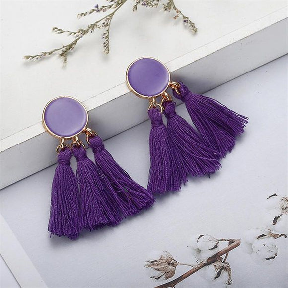 E1348 Purple Baked Enamel Circle Triple Tassel Earrings - Iris Fashion Jewelry