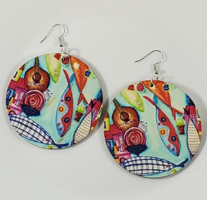E220 Large Round Wooden Festive Fish Earrings - Iris Fashion Jewelry