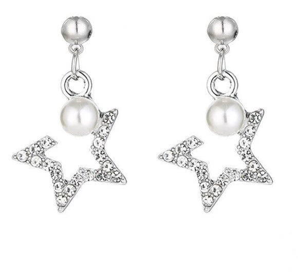 E512 Silver Rhinestone Star Pearl Earrings - Iris Fashion Jewelry