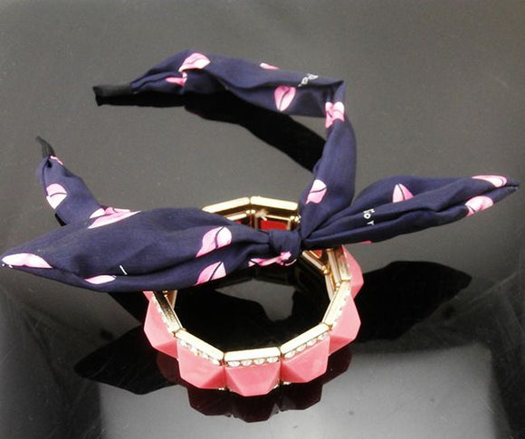 H636 Navy Blue Lips Fabric Covered Head Band with Bow - Iris Fashion Jewelry