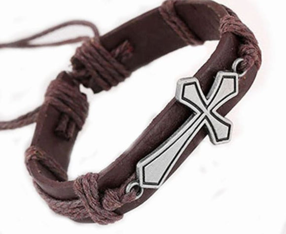 B493 Brown Leather Cross Brown Cord Bracelet - Iris Fashion Jewelry