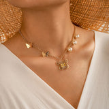 N124 Gold Yellow Enamel Butterfly with Pearls Necklace with FREE Earrings - Iris Fashion Jewelry