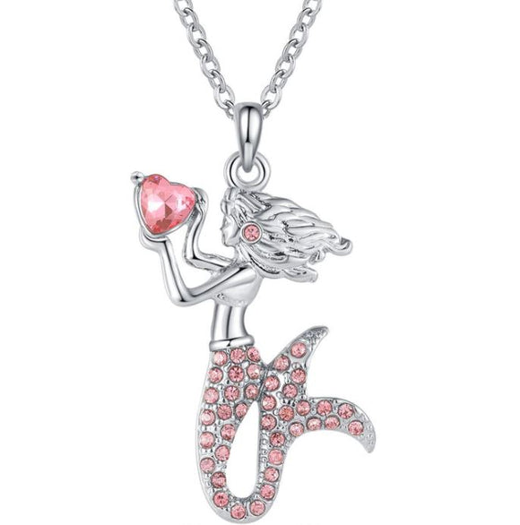 N543 Silver Light Pink Rhinestone Mermaid Necklace with Free Earrings - Iris Fashion Jewelry