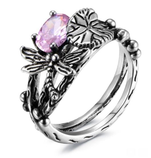 R53 Silver Pink Gemstone Dragonfly Ring - Iris Fashion Jewelry