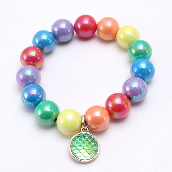 L381 Multi Color Pearlized Beads Green Fish Scale Charm Bracelet - Iris Fashion Jewelry