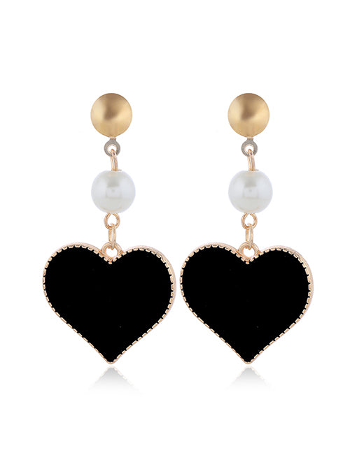 E1400 Gold Black Baked Enamel Heart with Pearl Earrings - Iris Fashion Jewelry