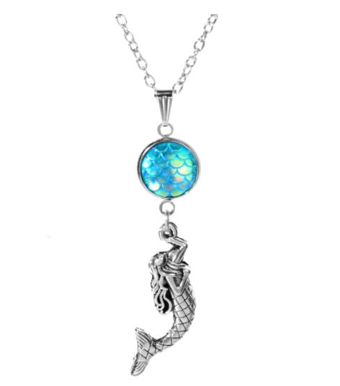 N1729 Silver Iridescent Light Blue Mermaid Fish Scale Necklace With FREE Earrings - Iris Fashion Jewelry