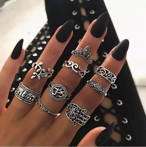 RS72 Silver Color 9 Piece Ring Set - Iris Fashion Jewelry