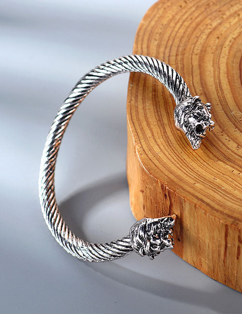 B855 Silver Lion Head Spiral Cuff Bracelet - Iris Fashion Jewelry