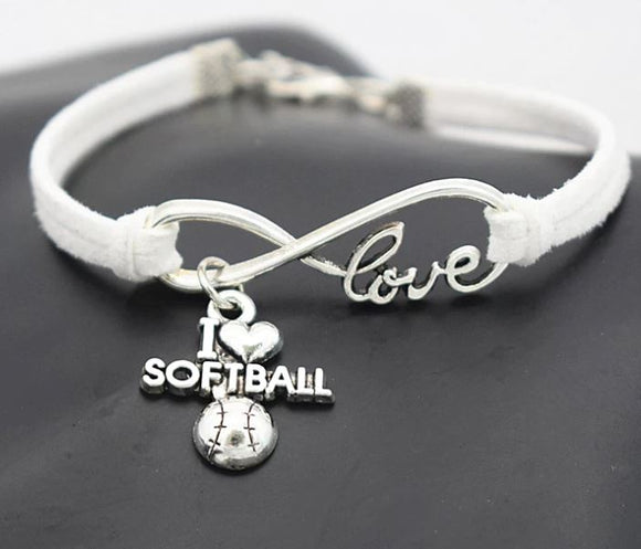 B912 White I Love Softball Leather Cord Bracelet - Iris Fashion Jewelry