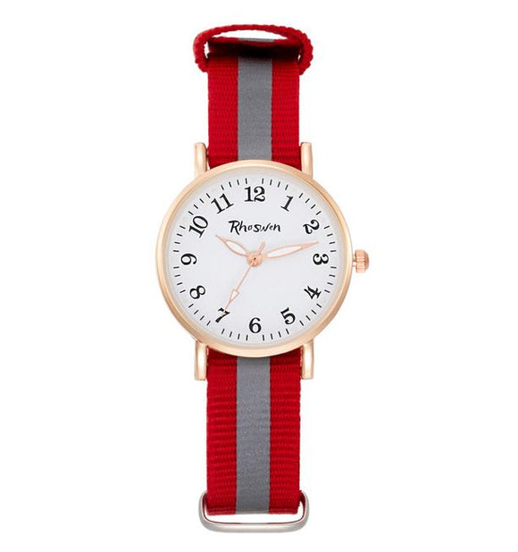 W529 Red Gray Stripe Fabric Band Quartz Watch - Iris Fashion Jewelry