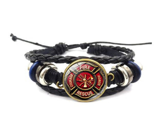*B817 Black Fire Rescue Courage Honor Leather Bracelet - Iris Fashion Jewelry