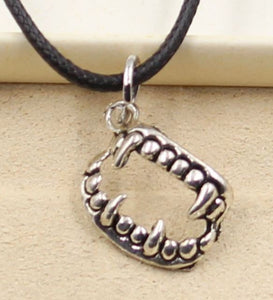 N1910 Silver Dainty Vampire Fangs on Leather Cord Necklace - Iris Fashion Jewelry