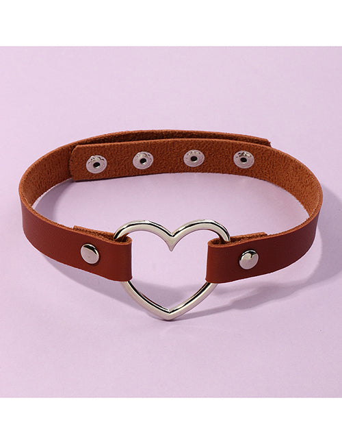 N1228 Silver Heart Brown Leather Choker Necklace FREE Earrings - Iris Fashion Jewelry