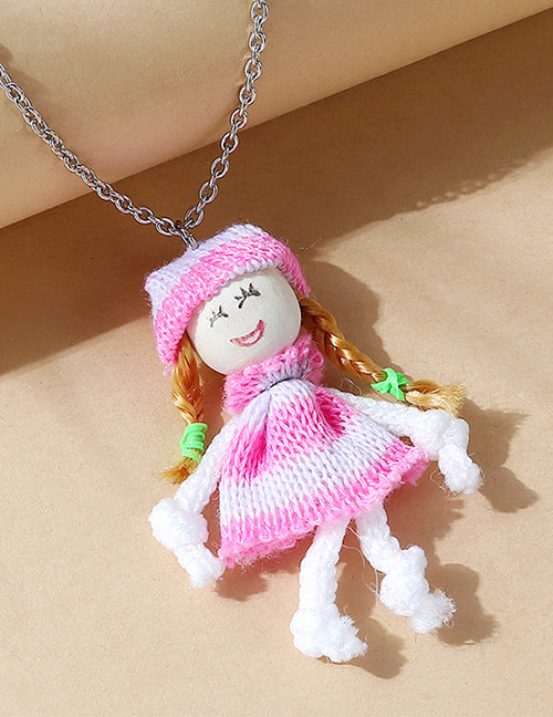 L485 Silver Pink Knitted Doll Necklace FREE EARRINGS - Iris Fashion Jewelry