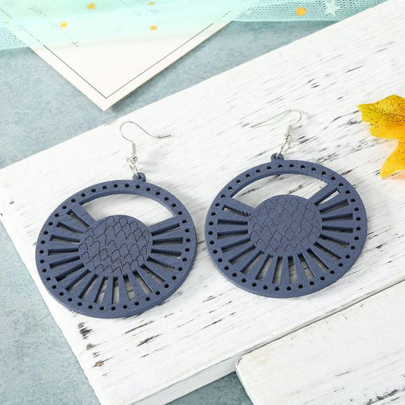 E310 Large Gray Round Wooden Earrings - Iris Fashion Jewelry