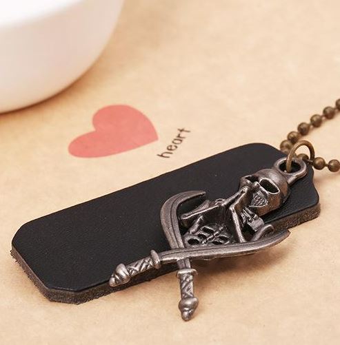 N463 Black Leather Skeleton with Swords Necklace - Iris Fashion Jewelry