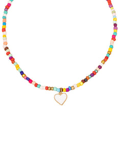 N1650 Multi Color Seed Bead White Heart Charm Necklace FREE Earrings - Iris Fashion Jewelry