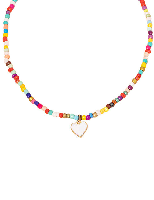 N1650 Multi Color Seed Bead White Heart Charm Necklace FREE Earrings - Iris Fashion Jewelry