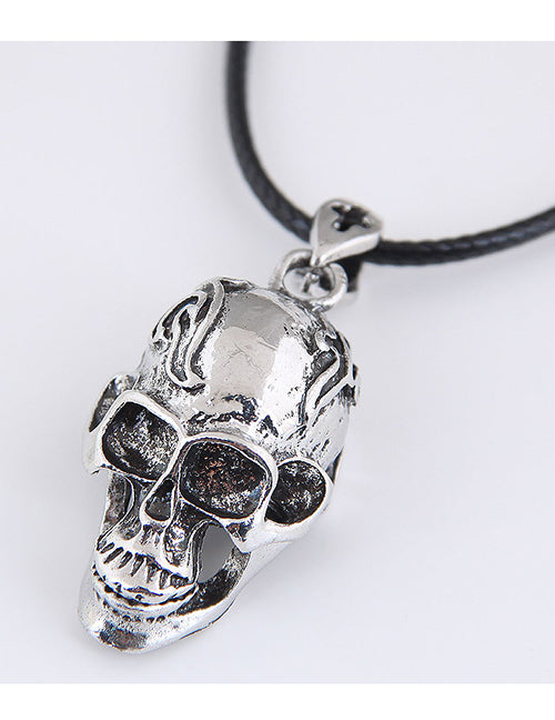 N96 Silver Skull Pendant on Leather Cord Necklace - Iris Fashion Jewelry