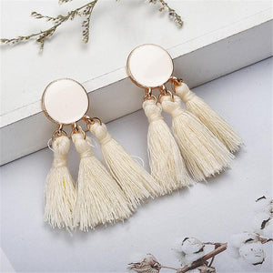 E1350 Ivory Baked Enamel Circle Triple Tassel Earrings - Iris Fashion Jewelry