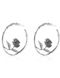 E1599 Silver Textured Hoop with Rose Earrings - Iris Fashion Jewelry