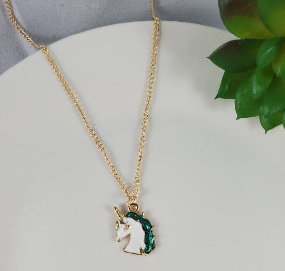 L174 Gold Baked Enamel Green Unicorn Necklace with FREE Earrings - Iris Fashion Jewelry