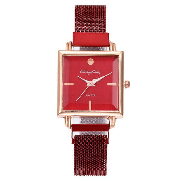 W61 Red Square Mesh Magnet Band Collection Quartz Watch - Iris Fashion Jewelry