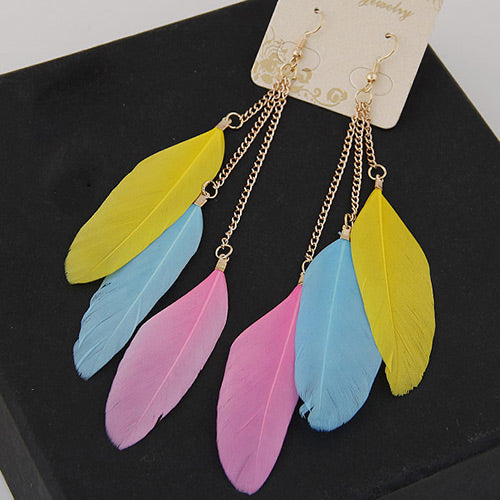 E1537 Gold Pink Blue Yellow Feather Earrings - Iris Fashion Jewelry