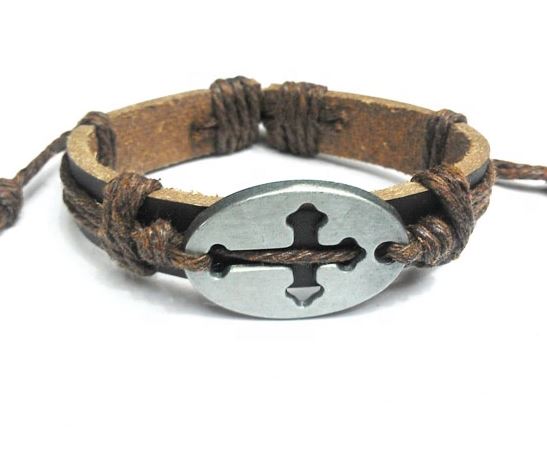 B84 Silver Cross in Oval Brown Leather Light Brown Cord Bracelet - Iris Fashion Jewelry