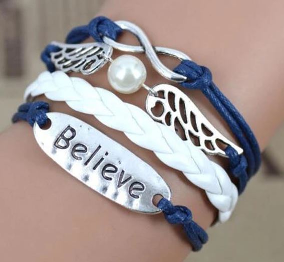 B604 Blue & White Believe Wings Infinity Leather Layered Bracelet - Iris Fashion Jewelry
