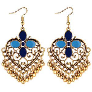 E1639 Gold Heart Blue Enamel Bead Tassel Earrings - Iris Fashion Jewelry