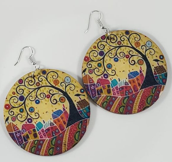 E857 Large Round Wooden Whimsical Tree Earrings - Iris Fashion Jewelry