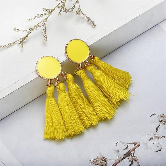 E1345 Yellow Baked Enamel Circle Triple Tassel Earrings - Iris Fashion Jewelry