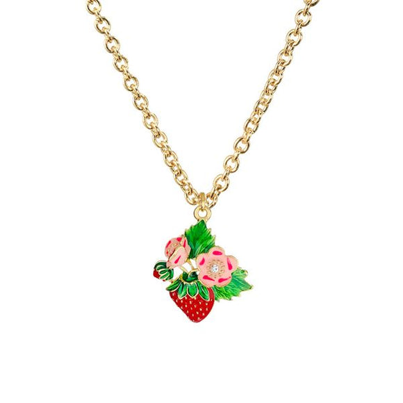 N397 Baked Enamel Strawberry Pink Flower Necklace with Free Earrings - Iris Fashion Jewelry