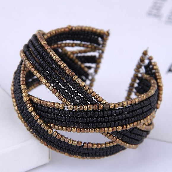 B794 Black & Gold Seed Bead Weave Bracelet - Iris Fashion Jewelry