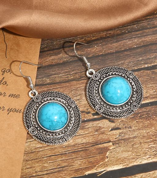 E257 Silver Decorated Blue Crackle Gem Earrings - Iris Fashion Jewelry