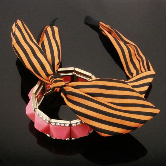 H641 Orange & Black Stripes Fabric Covered Head Band with Bow - Iris Fashion Jewelry