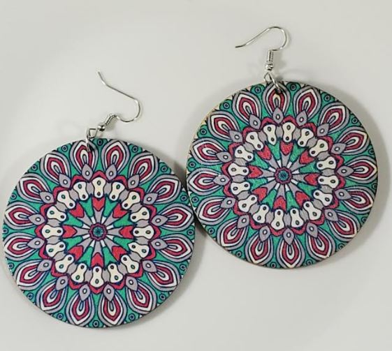 E770 Large Round Wooden Teal & Hot Pink Festive Earrings - Iris Fashion Jewelry