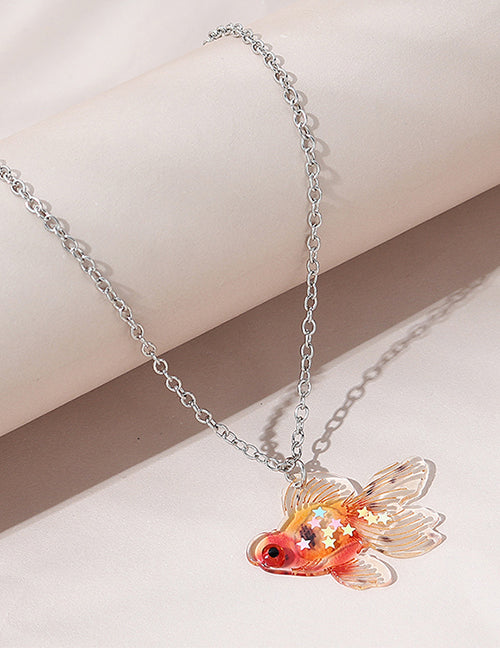 L133 Silver Confetti Star Acrylic Goldfish Necklace with FREE Earrings - Iris Fashion Jewelry