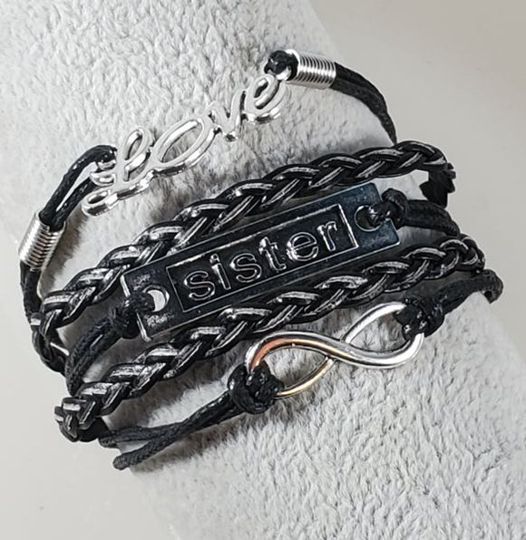 B198 Black Sister Love Leather Layered Bracelet - Iris Fashion Jewelry