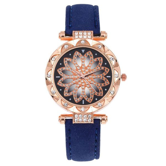 W121 Navy Blue Band Elegant Flower Collection Quartz Watch - Iris Fashion Jewelry