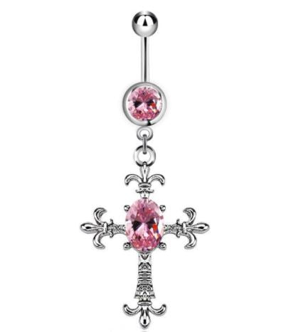 P48 Silver Pink Gem Cross Belly Button Ring - Iris Fashion Jewelry